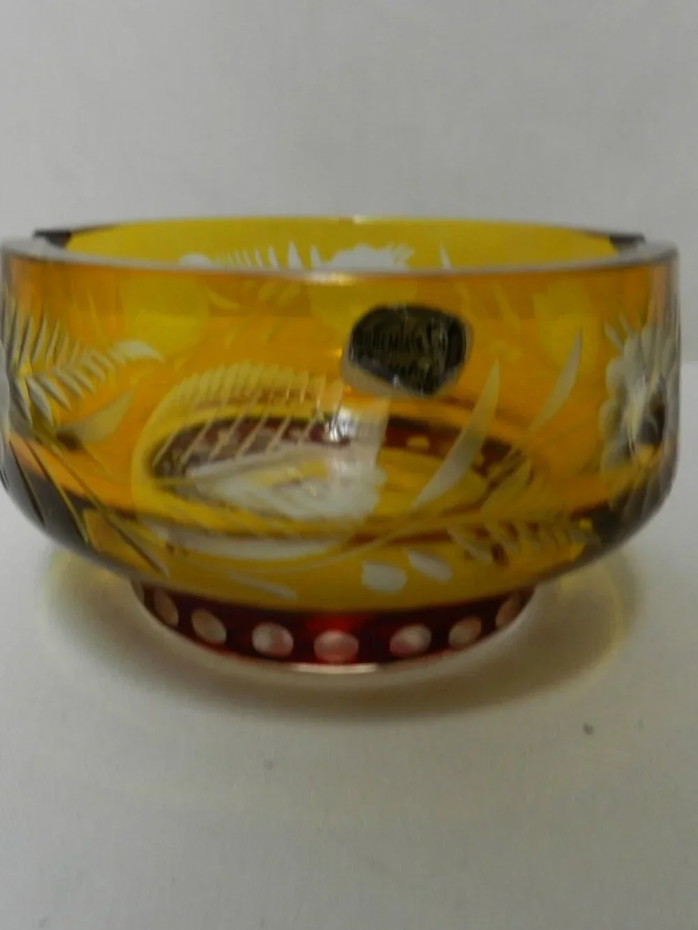 Bohemia Vintage Crystal w/Sticker Amber & Ruby glass small Ashtray Pedestal Bowl